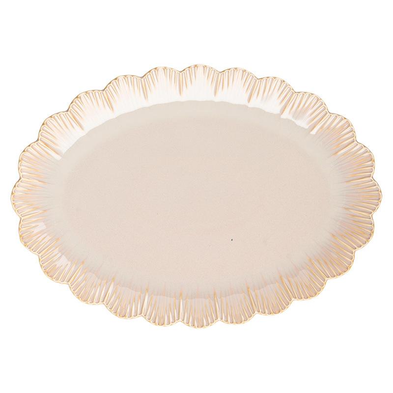 Premium Retro Ceramic Large Plate Tableware Lace-Shaped Hotel Vegetable Plate Exquisite Gold Relief Home Steamed Fish Plate