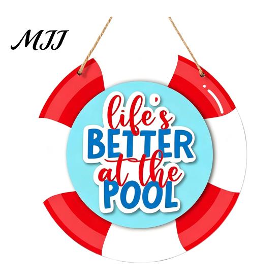 Summer Party Supplies Wooden Swim Ring Hanging Sign for Pool Decoration, Beach Theme Wall Rustic Decor Art with Hemp Rope, Double Layer Seaside