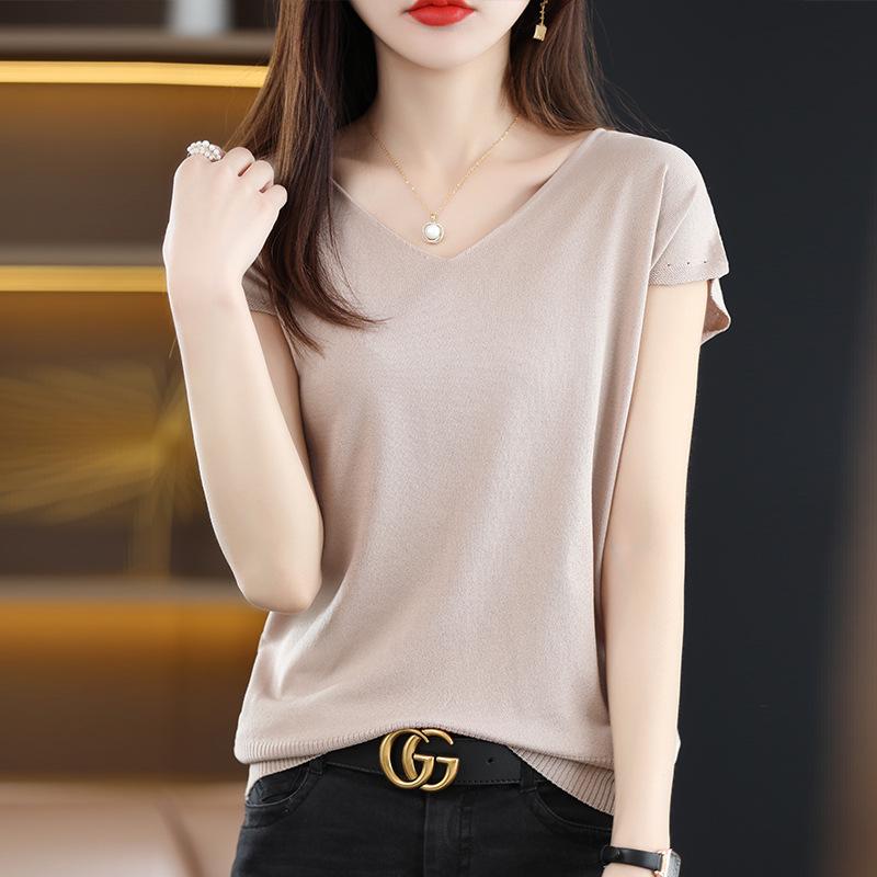 

Женский летний топ из ледяного шелка с V-образным вырезом, 2023: Футболка с коротким рукавом и вязаный жилет без рукавов XL