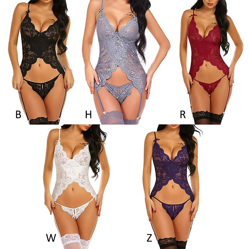 Exotischer sexy Pyjama, Netz-Perspektive, hohles Nachthemd, sexy tiefer V-Pyjama + Tangas