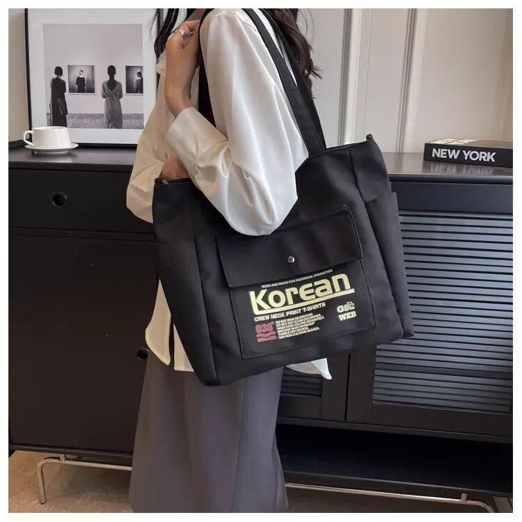 Large Capacity Women Tote Canvas Handbag Schoolbag Female University Portable Shoulder Bag Rectangular Shopping Beach City College Korean Popular