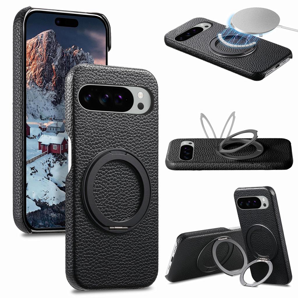 Supporto Rotante a 360° Cavalletto Magnetico Pelle con Texture a Litchi Custodia per Telefono per Google 10 Pro XL 9 8a Per Magsafe Copertura Antiurto