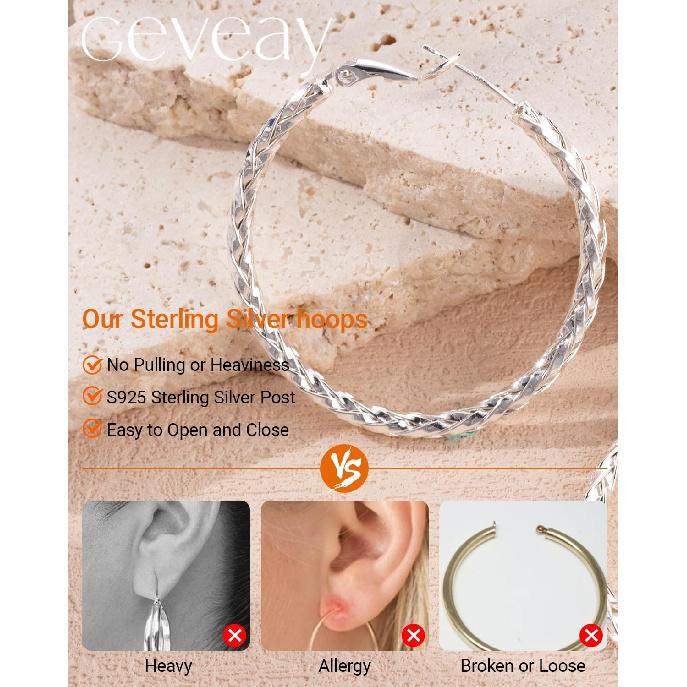 925 Sterling Silver Post Hoop Earrings Lightweight Twisted Hoop Earrings for Women Hypoallergenic Large Hoop Earrings 30/40/50MM