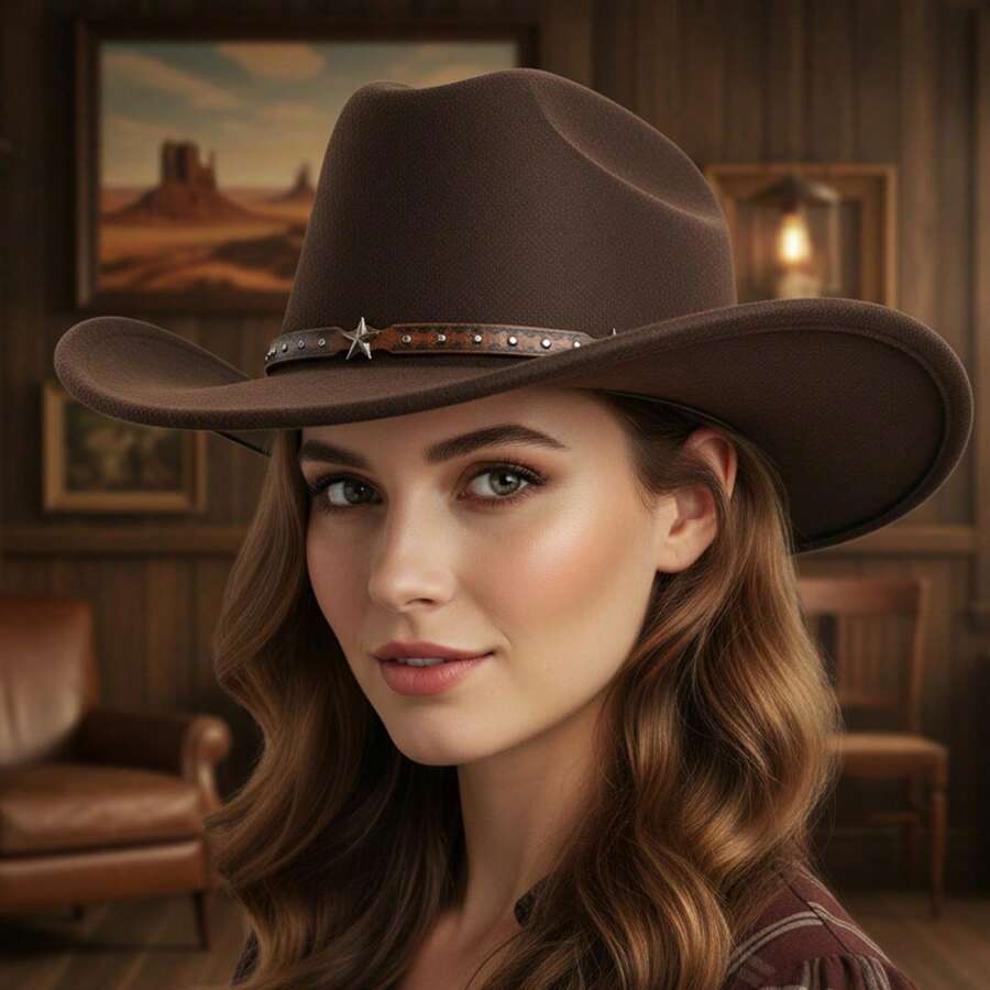 Western Style Cowgirl Hat With Star Leather Band Wide Brim Fedora For Adults