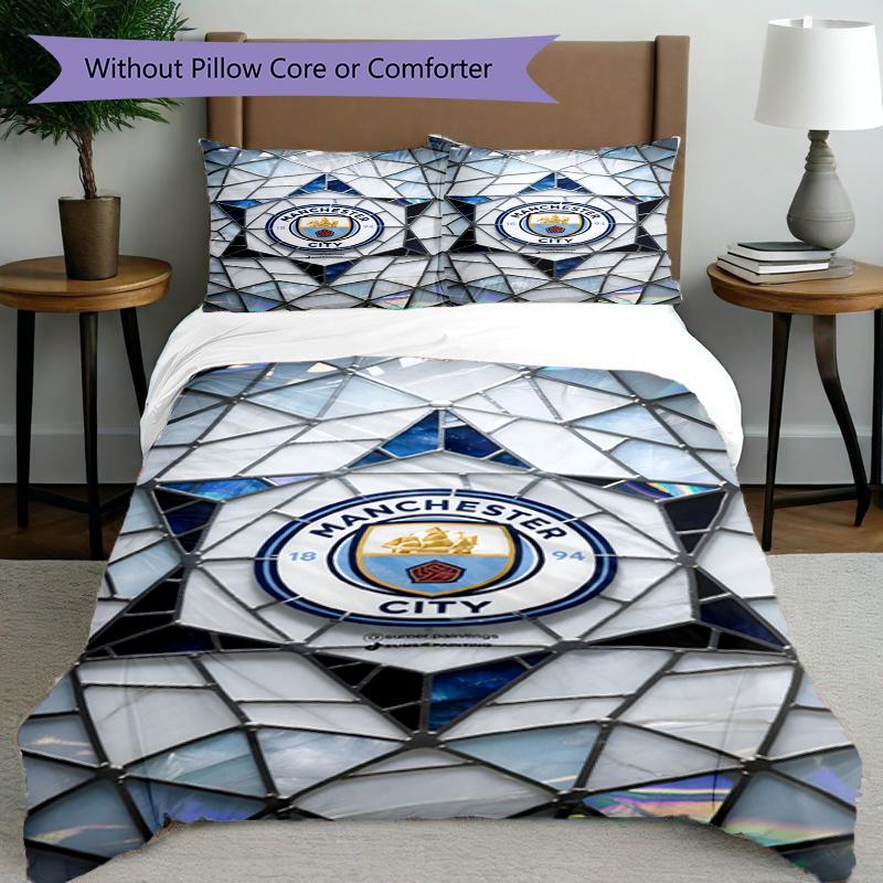 3pcs Duvet Cover Set (1*Duvet Cover + 2*Pillowcase, Without Core),Manchester City FC Print Bedding Set, Bedroom Decor, All‑Season, Birthday Gift
