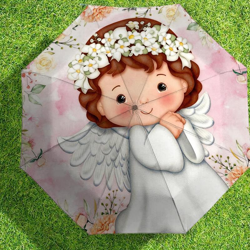 1pc Angel Flowers Automatic Folding Umbrella, Heavy Duty 8 Rib Iron Frame,  Suitable for Travel, Daily Use, Birthday, Decor Gift m0104018