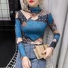 Maglietta a maniche lunghe con scollo a V e stampa a mezza altezza da donna, autunno e inverno