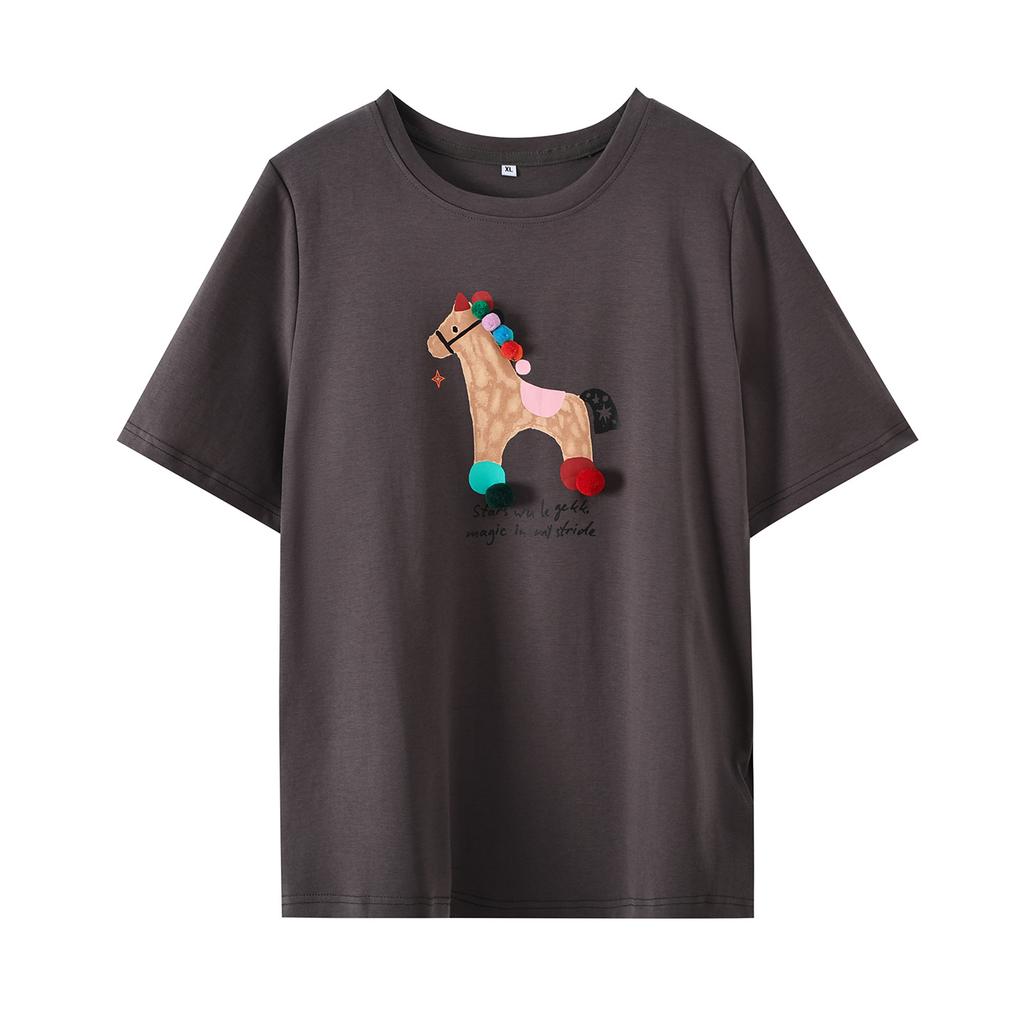 Large size natal year printed pony ball T-shirt 2026 spring new pullover versatile loose top 124326