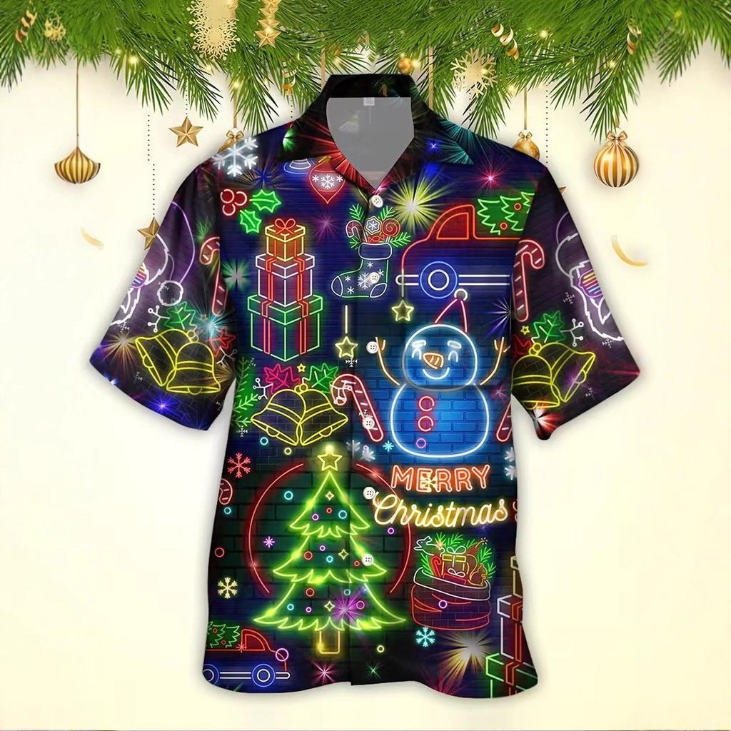 Autumn and Winter Men's Short Sleeved Shirt New Year's Christmas Pattern Digital Printed Shirt Top Men's Casual Shirt