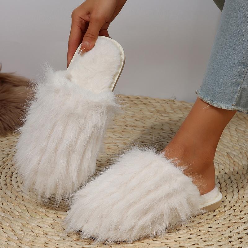 Fashion Closed Toe Fluffy Fur Slippers for Women Winter Plush Warm Indoor Home Slippers Woman Lightweight Flat Heels Couple Furry Slides