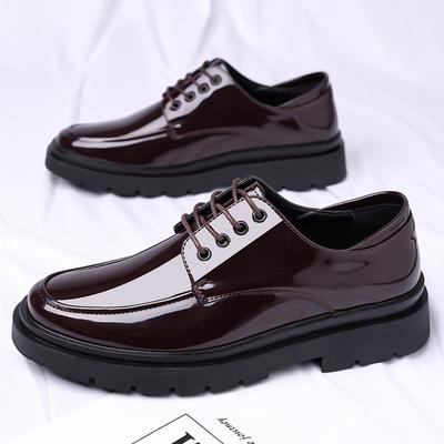 Men's Shoes Glossy Leather Shoes Men's Casual Shoes Young Men's Suit Leather Shoes Black Round Head Leather Shoes Hong Kong Style Trend Shoes