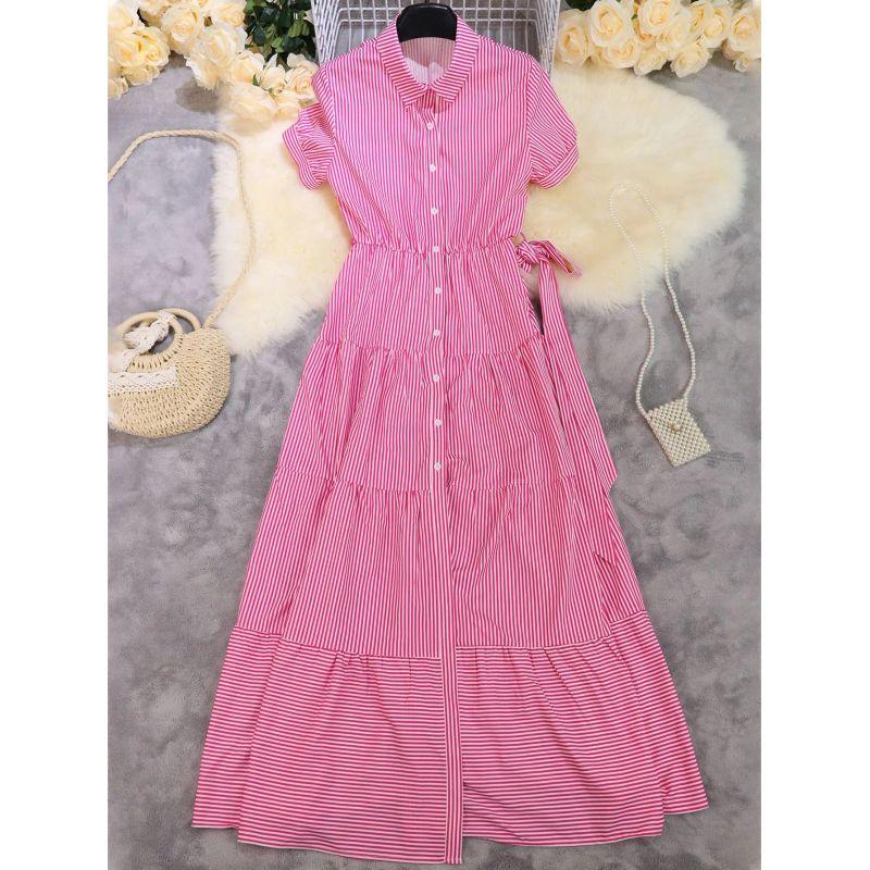 Fd492 in Stock 2025 Cross-Border New Amazon Fashion Stripe Short sleeve Loose Mid-Length Dress