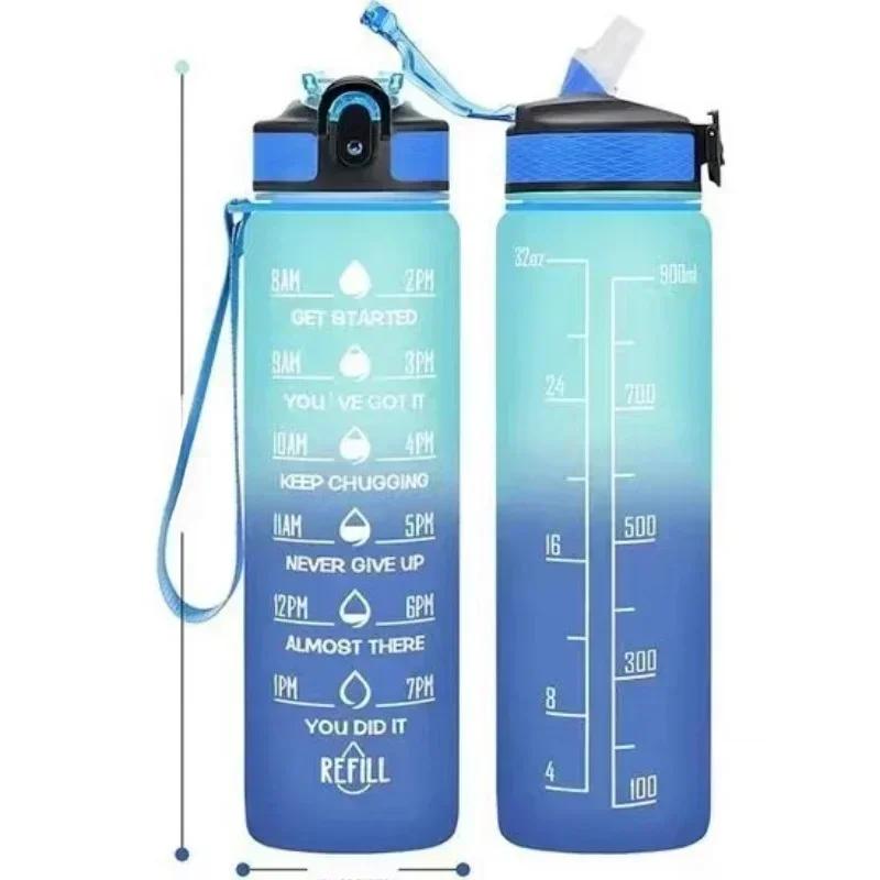 Large Capacity Water Bottle With Time Marker And Straw Gradient Color Leakproof Drinking Sports Bottle For Fitness Gym Outdoor