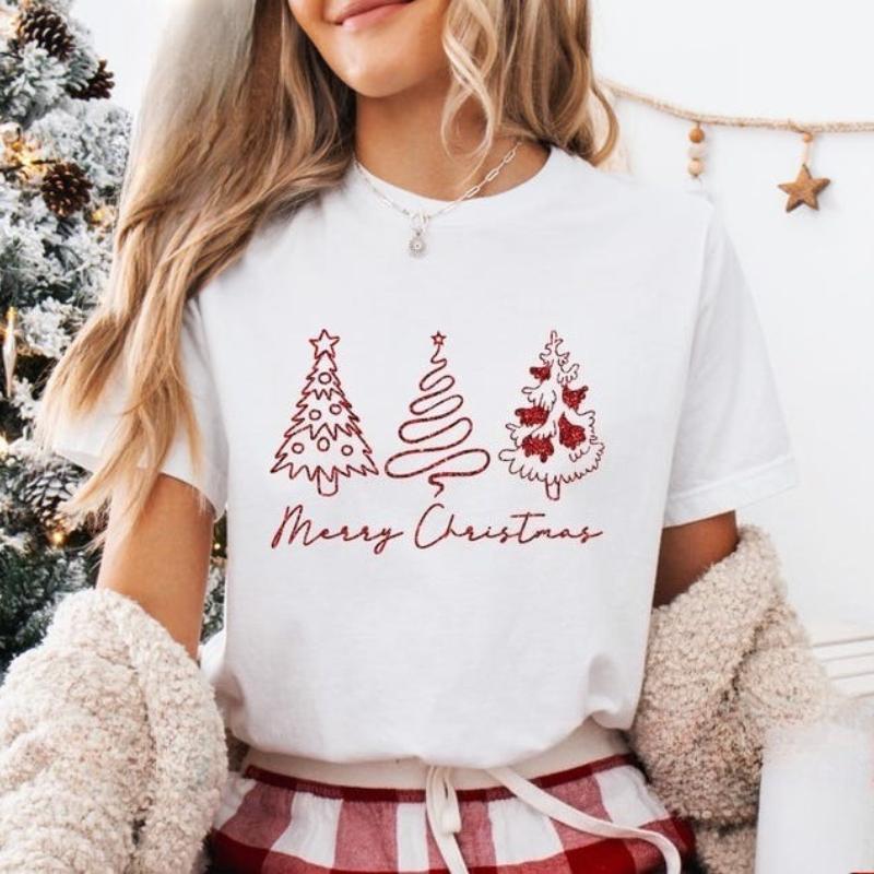

Glitter Effect Merry Christmas Cotton Tshirt Tree Xmas Unisex Santa Hat Reindeer Cute Crew Neck All Seasons Soft Utdoors Tees S
