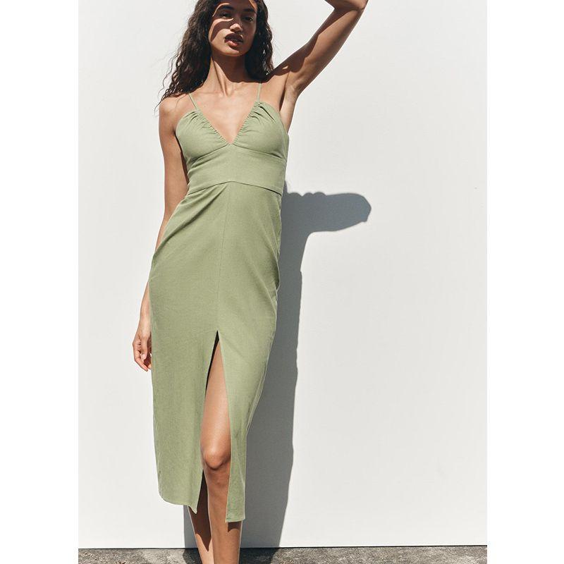 Summer New Product Women clothes European and American Leisure Pleat Decoration V-neck Sling Temperament Midi Dress 8372068