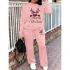 Kadın Bisiklet Yaka Sweatshirt ve İpli Düz Bacak Pantolon 2 Parça Set, Baskılı Ev Giyim Seti, Sonbahar/Kış Kadın Eşofman Takımı
