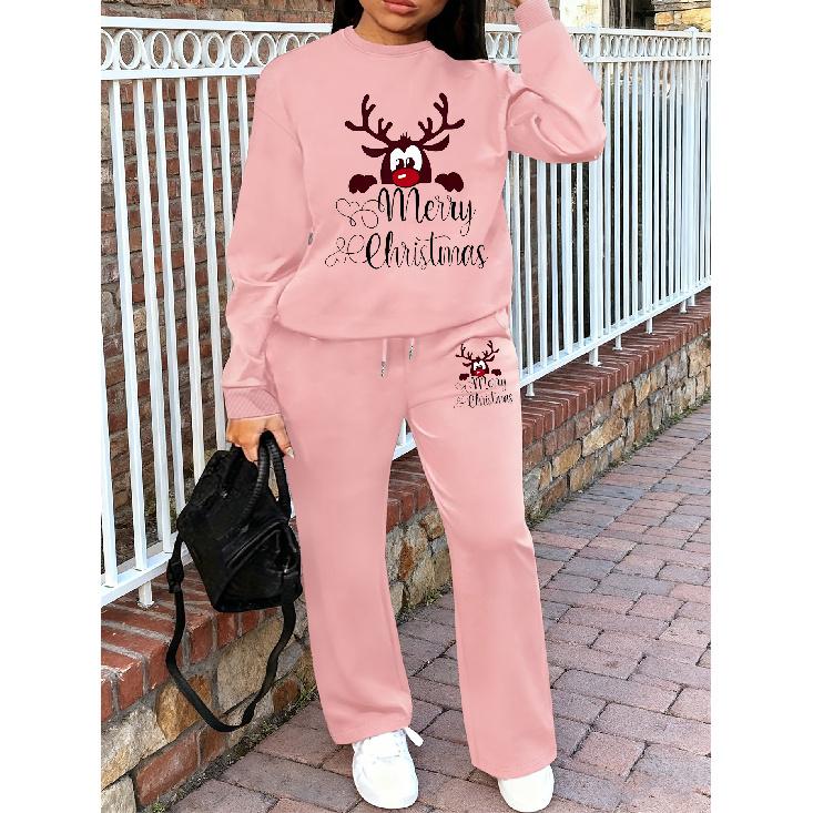 Kadın Bisiklet Yaka Sweatshirt ve İpli Düz Bacak Pantolon 2 Parça Set, Baskılı Ev Giyim Seti, Sonbahar/Kış Kadın Eşofman Takımı
