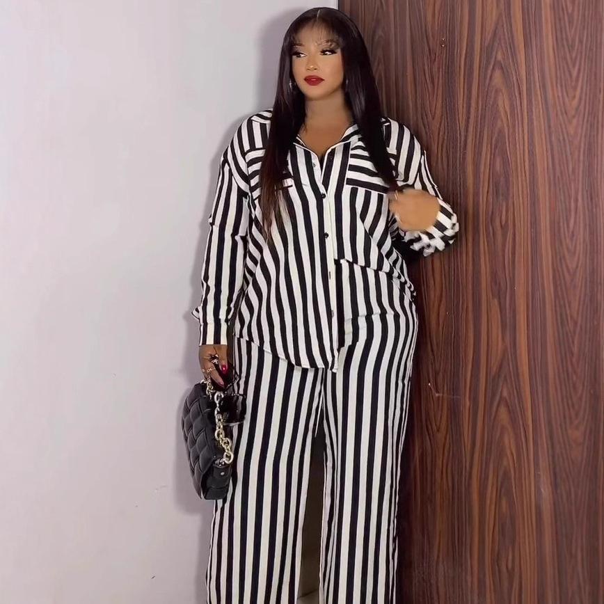 European and American new suit women's long-sleeved striped shirt high-waisted wide-leg pants African loose large-size women's two-piece suit trendy