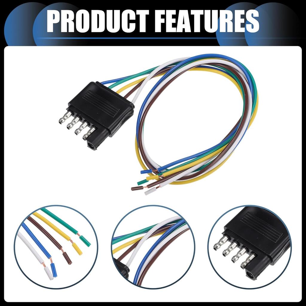 Trailer Side 5 Way Flat Trailer Wiring Harness Plug, 20 Inch Wire Lead Trailer End Side 5 Pin Male Connector Trailer Light Wiring Harness Extension