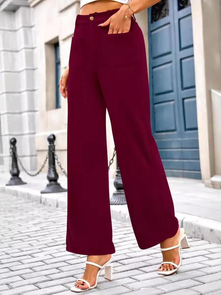 Women's High Waist Elastic Casual Pants with Button and Pockets
