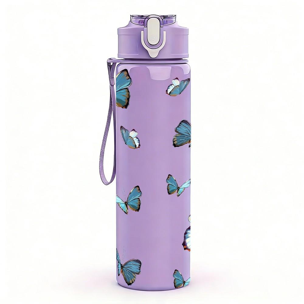1PC Multiple Blue Flying Butterfly Pattern 750ml Color Plastic Sports Water Bottle Leakproof Flip Straw Lid Suitable for Sports Office Home Use