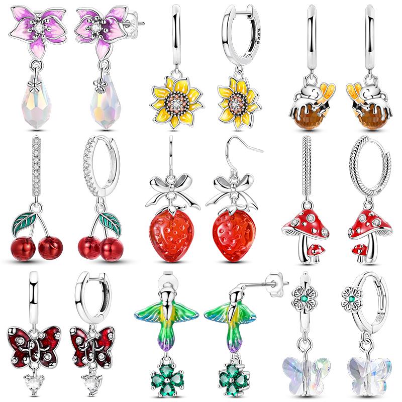 New 925 Silver Hoop Earrings Bow Strawberry Cherry Cream Sunflower Hoop Earrings For Women Fashion Party Jewelry Gift