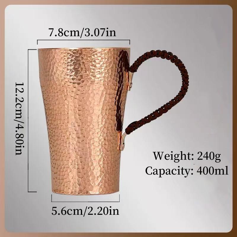 Vintage Pure Copper Coffee Cup,Handcrafted Polishing Engraving Hammer Texture Woven Handle 400 ml Beer Mug,Tea Cup Tableware