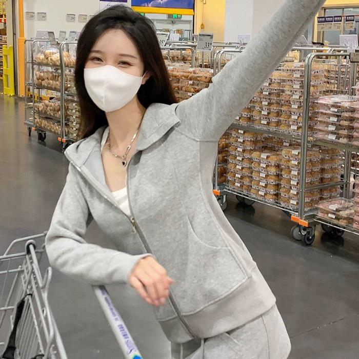 Slimming Light Blue Waist-Cinched Hoodie Jacket Large