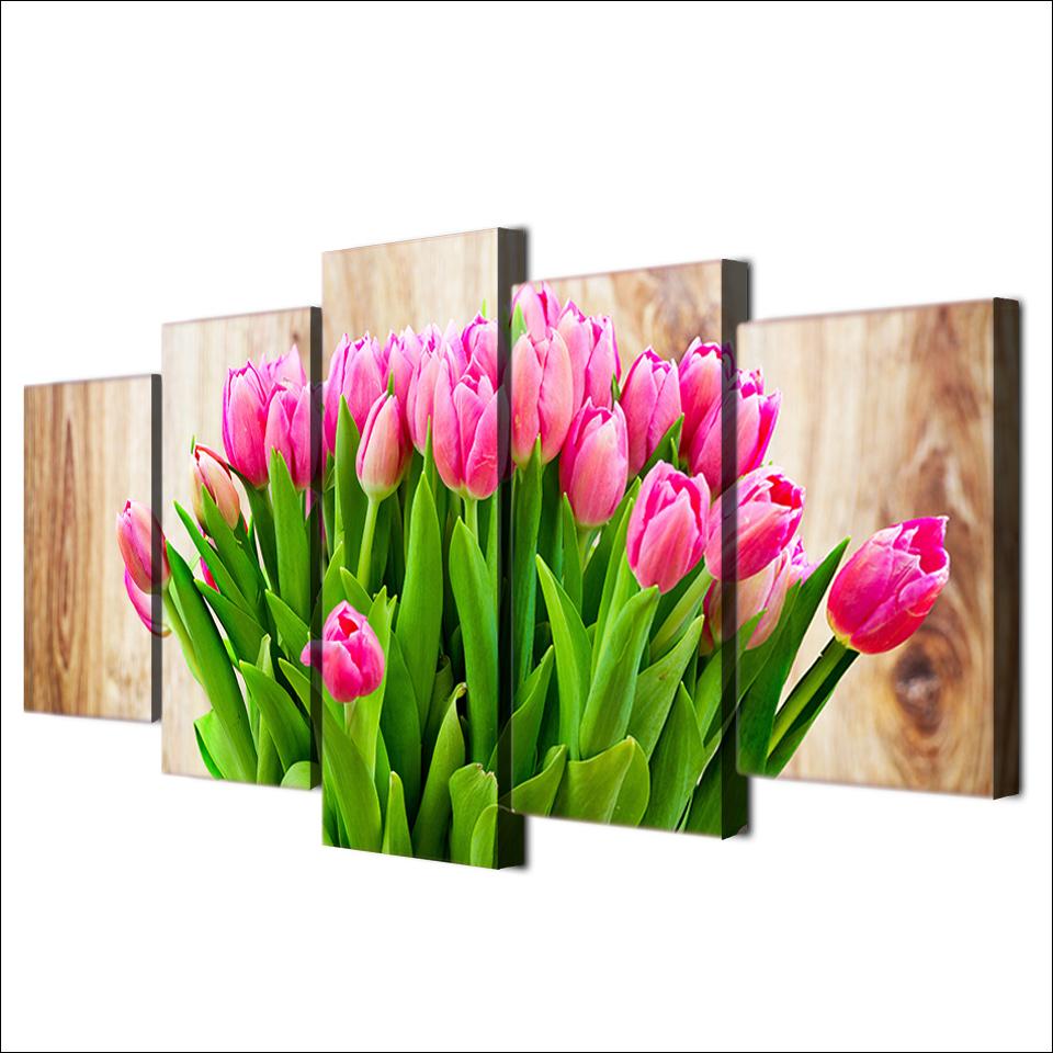 ArtSailing HD Printed 5 Piece Canvas Art Pink Tulip Painting Wall Pictures for Living Room Home Decoration