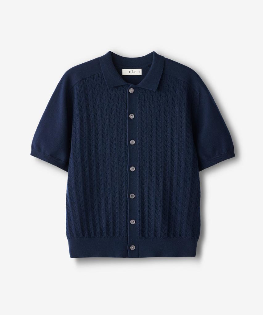 ECORR Front Cable Cropped Short Sleeve Knit Cardigan_Navy
