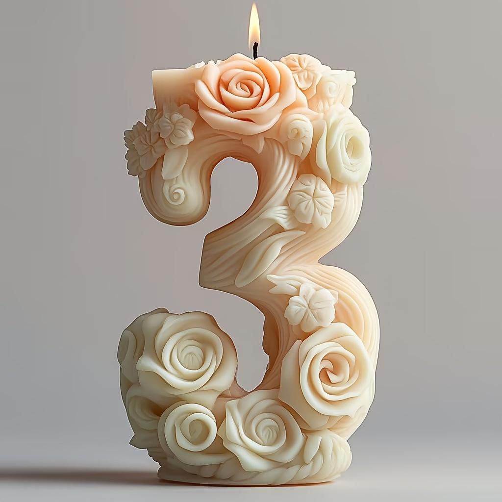 2D Number 7 Shape Candle Silicone Mould Arabic numerals 3 Resin Mold Peony Flower Relief Digital Shape Rose Flower Gypsum Molds