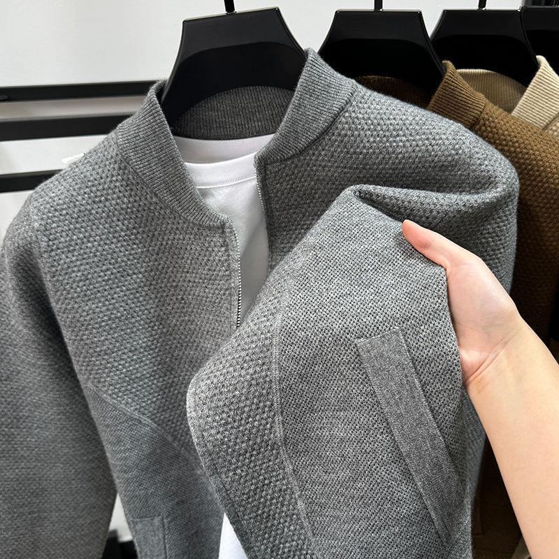 

Мужской кардиган облегающего кроя с жаккардовым узором и бейсбольным воротником – толстый вязаный свитер для повседневной носки осенью/зимой M (165-170cm / 100-120kg) серый