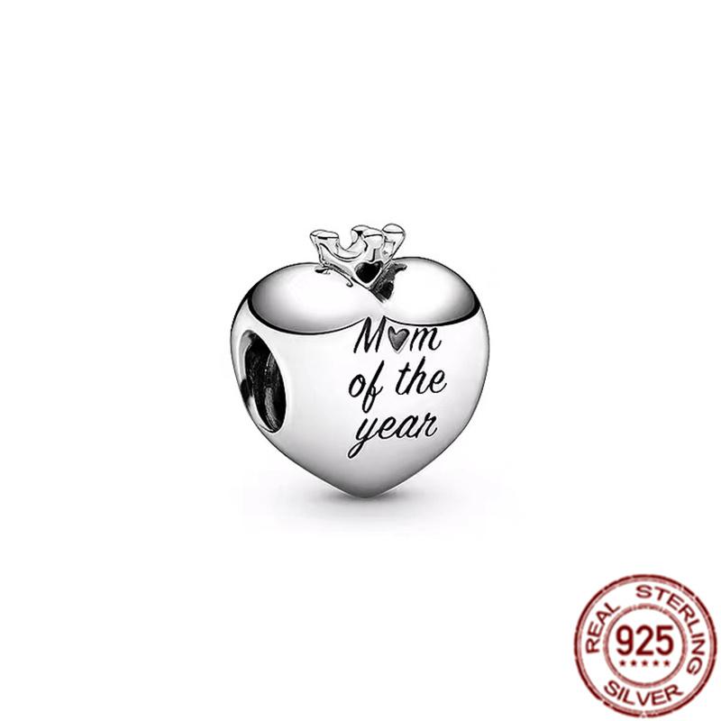 Fine S925 Sterling Silver Love You Mom Double Heart Split Dangle Charm Beads Fit Original  Bracelet DIY Women Jewelry Gift