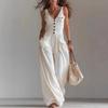 Tuta Sexy Scollo a V Bottoni Gamba Larga Elegante Monocolore Vita Alta Tuta Donna Primavera Estate Senza Maniche Vacanza Spiaggia Overall