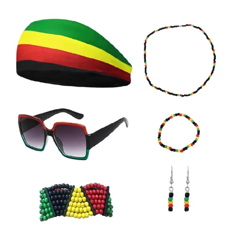 Rastafarian Women's Jewelry Set Juneteenth Jamaica African Accessories Headband,Sunglasses,Wood Dangle Earrings,Necklace