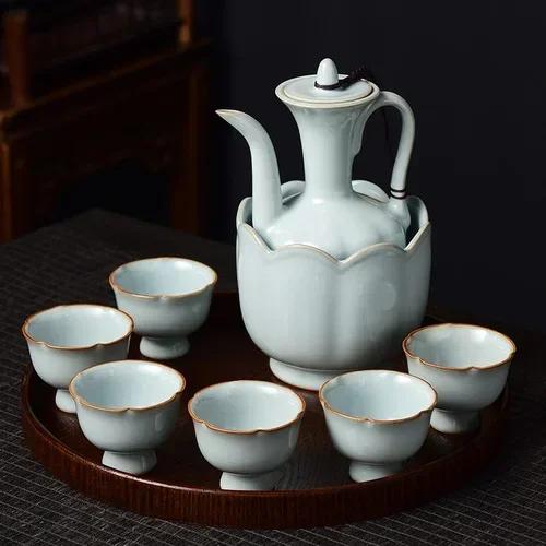 Chinese liquor glass set household spirit glass wine set ceramic jug Qingru kiln wine glass warm jug