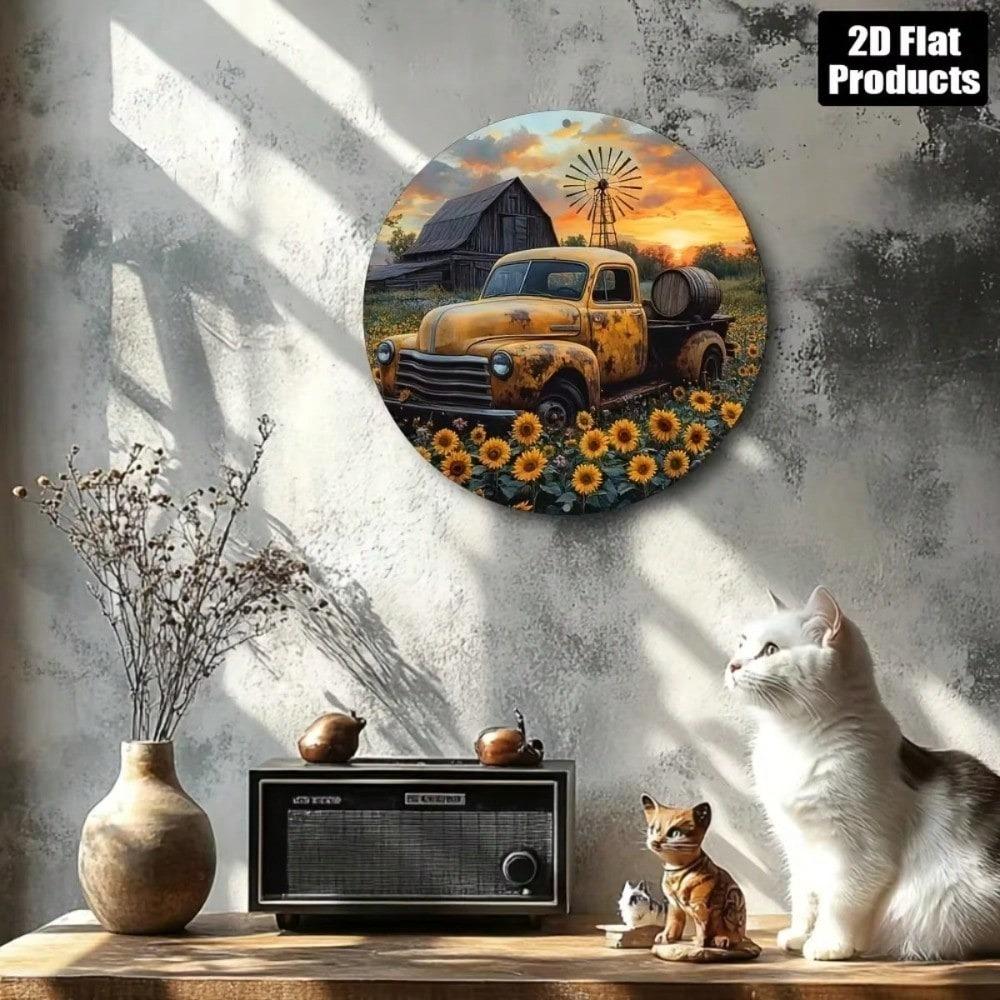 Retro Vintage Sunflower Truck Metal Wall Art Country Kitchen Home Decor Aluminum Sign