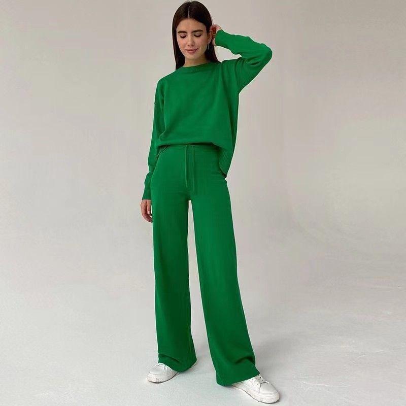 

New Arrival Knitting Thin Women s Sweater Casual Tops Two-Piece Pants Knit Top Long Pants Set Green Suit XXL