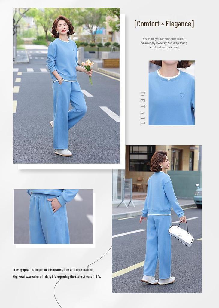 Mom's Stylish Spring Sports Set: Youthful Faux Two-Piece Hoodie & Wide-Leg Pants for Middle-Aged & Elderly Women, Loose Fit.