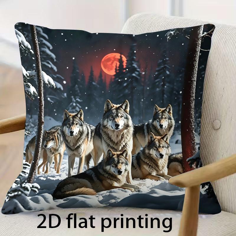 PC D Flaches Kissen Nicht Enthalten Wolfsrudel Verschneiter Wald Roter Mond Kissenbezug Plüschtier Tierliebhaber Geschenk Sofa Deko Hülle