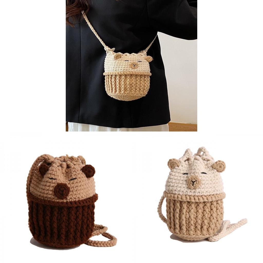 Knit Capybara Mini Handbag With Open Top And Card Pocket For Casual Daily Use