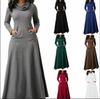 Autumn Winter Women's Patch Pocket Maxi Dress, High Neck Swing Hem Long Sleeve Dress with Comfortable Relaxed Fit, Casual Lounge Dress with Pockets