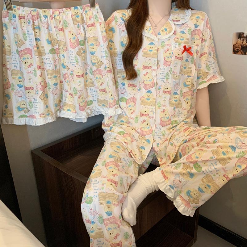 Cute girl ruffle edge short-sleeved pajamas women's summer new casual loose loungewear three-piece set