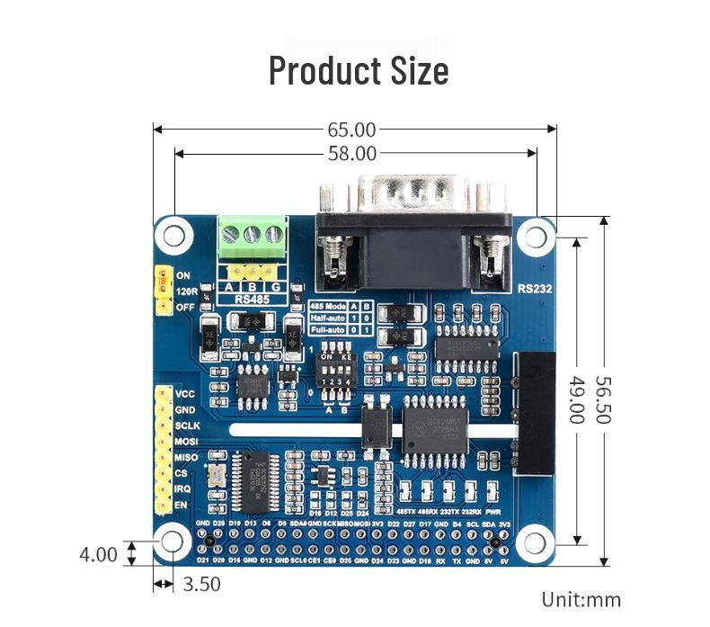 Weixue Raspberry Pi Expansion Board with Isolated RS485/RS232, SPI Control, and Onboard Protection.