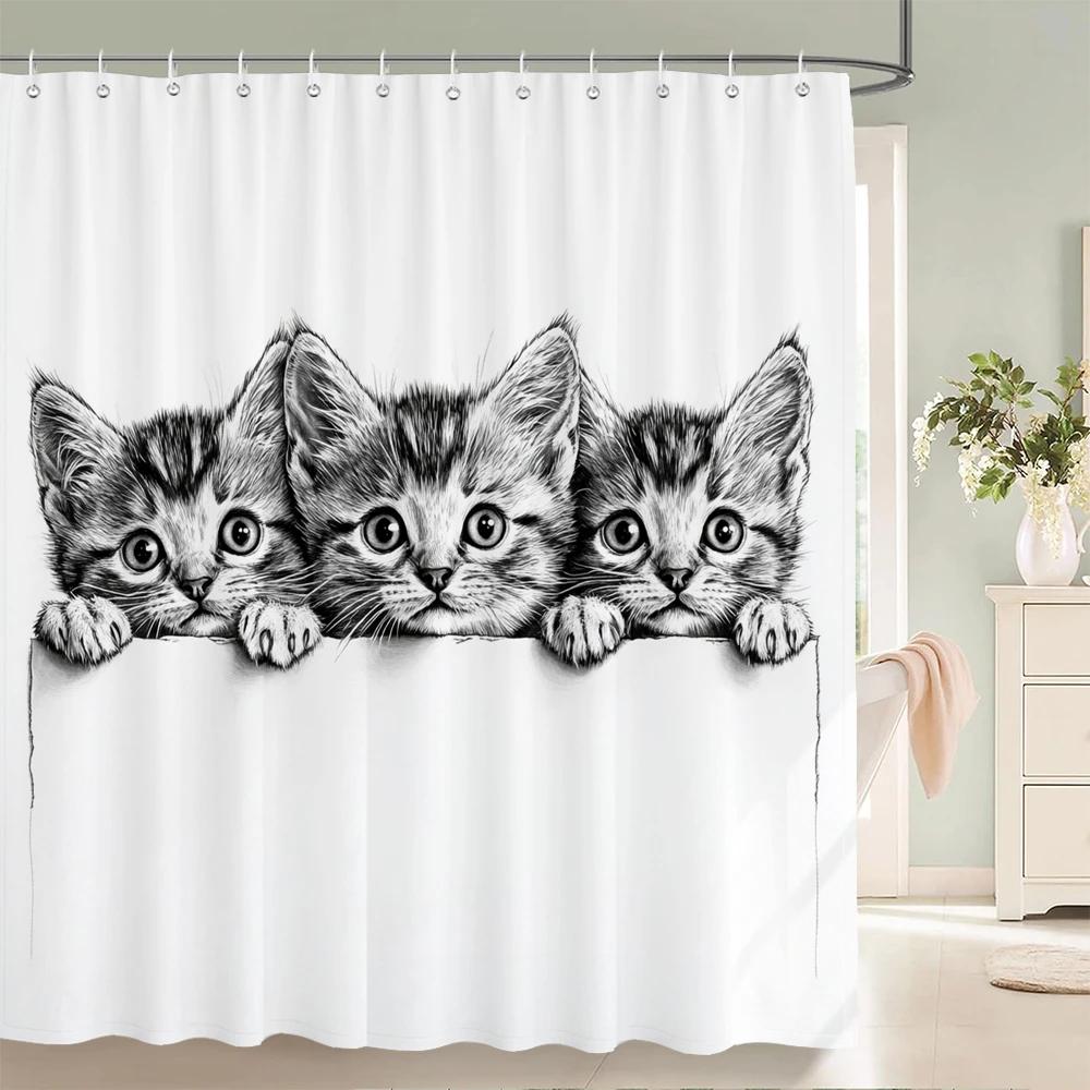 Minimalistisk stil Katt Hund Duschdraperi Intressant och Kreativt Djurtryckt Badkarsdekoration Badrumsgardin Med Krokar