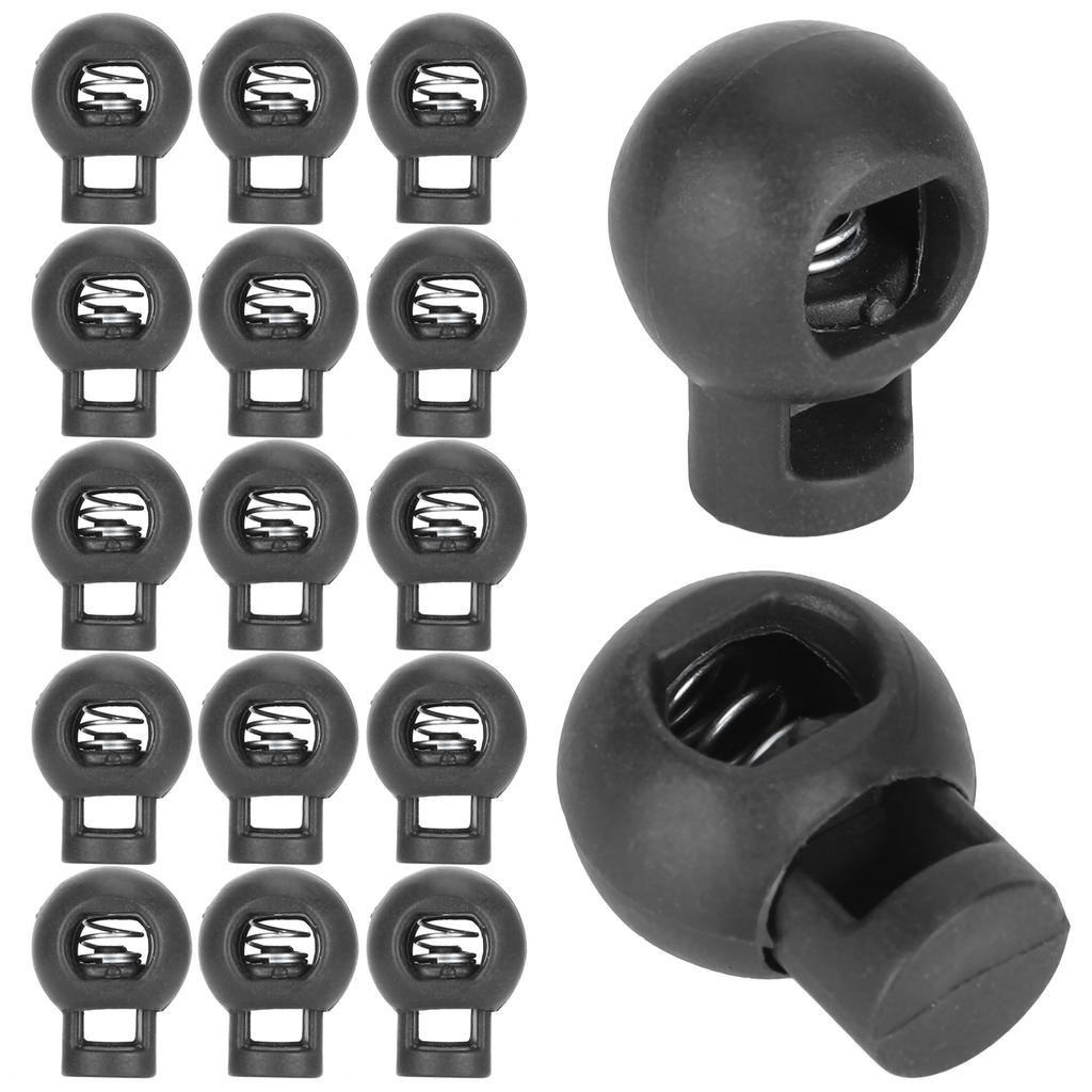 300 bucăți de încuietori cu șnur cu o singură gaură, în formă de bilă, clemă cu arc pentru accesorii pentru bagaje de frânghie din plastic, negru