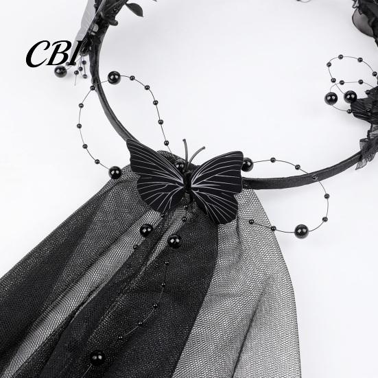 Halloween Headpiece Dark Rose Black Butterfly Veil Headband, Hair Hoop with Beaded Mesh Long Gradient Accessory Tulle for Ghost Bride Cosplay