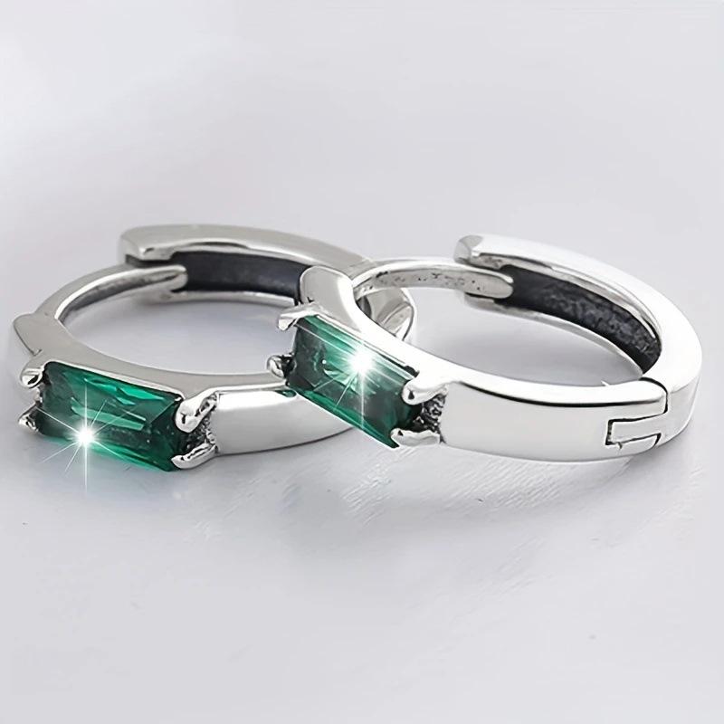 Single Baguette Cut Green Cubic Zirconia Tiny Hoop Earrings Silver Tone Four Prong Setting Minimalist Ladies Casual Accessories