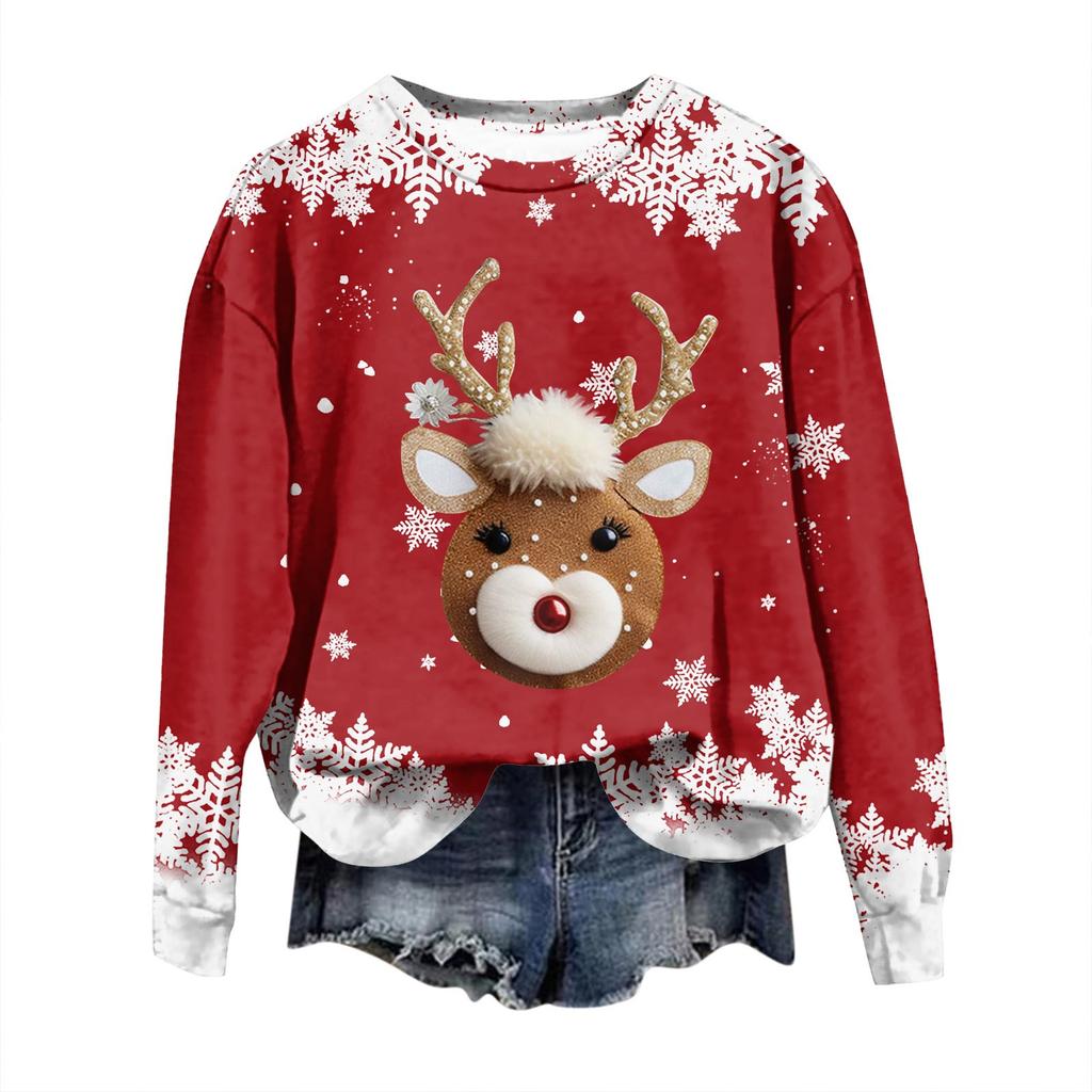 Women's Fashion Christmas Printed Long Sleeve Loose Round Neck Sweatshirt Top