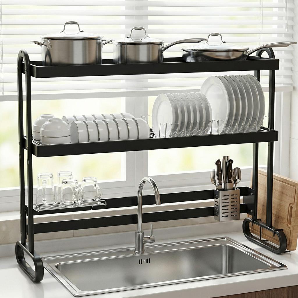 2/3 Layer Dish Drainer Stainless Steel Kitchen Dish Rack with Utensil Holder Large Capacity Anti-Slip Counter Organizer Accessor